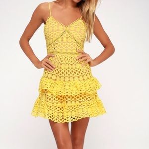LULUS BEAUTY AND LACE YELLOW CROTCHET LACE MINI DRESS
